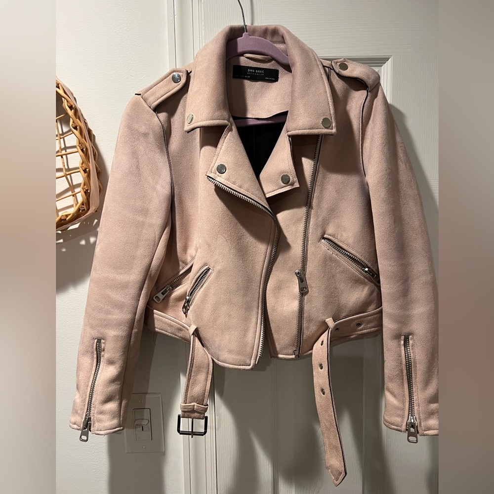 Pink Zara Faux Suede Biker Jacket